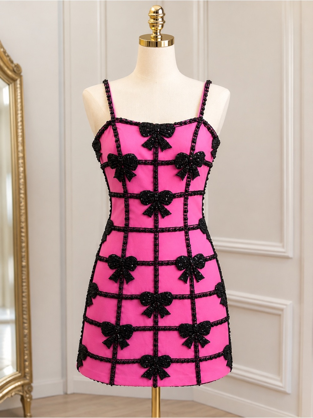 Sherri Hill Hot Pink Mini Dress with Black Bow Grid- STYLE 57330 - Picture 1 of 3